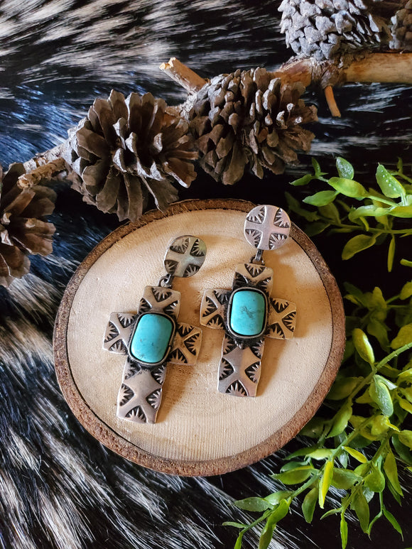 Turquoise and Silver Cross Earrings