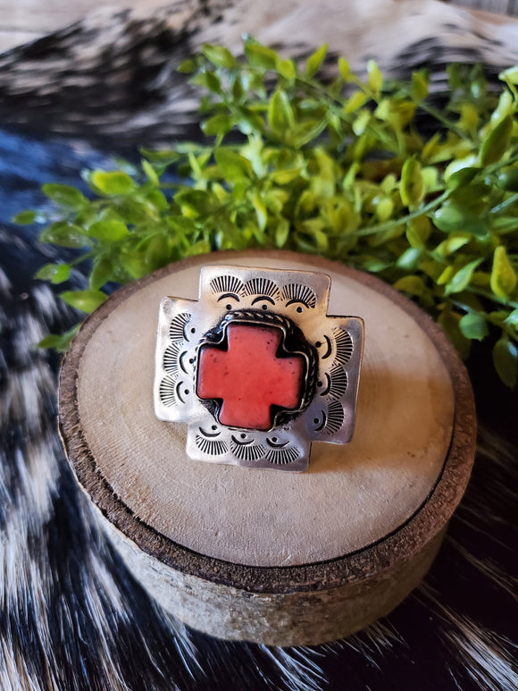 Red and Silver Cross Ring