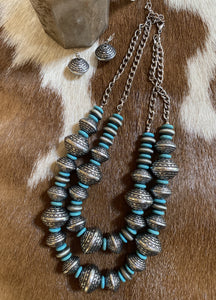 Chunky Layered Silver and Turquoise Disc Necklace & Earrings Set