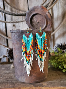 Turquoise and Red Seed Bead Dangle Earrings