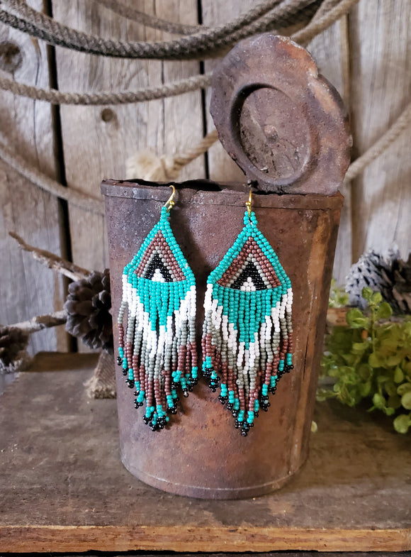 Turquoise and Ivory Seed Bead Dangle Earrings
