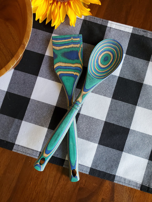Wooden Spoon and Spatula in Peacock