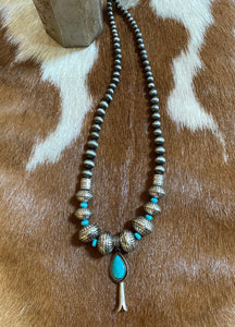 Turquoise, Silver and Navajo Bead Necklace with Pendant