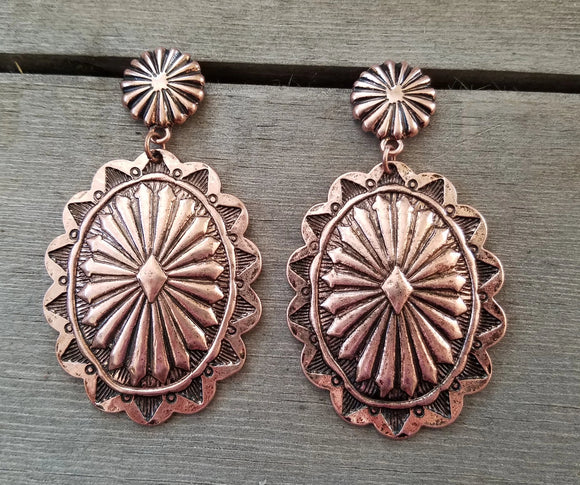 Burnished Coppertone Oval Concho Earrings