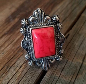 Western Framed Coral Stone Ring